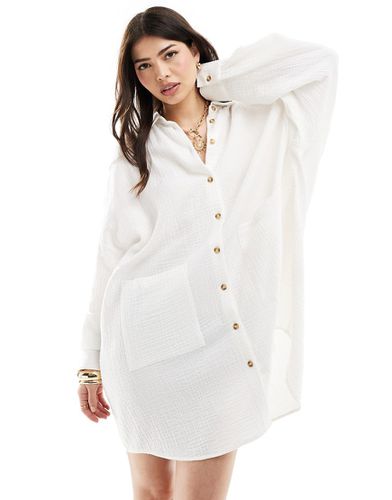 Robe chemise oversize en tissu double à poches basses - Crème - Asos Design - Modalova