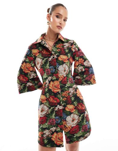 Robe chemise courte avec motif fleuri style tapisserie et manches évasées - Asos Design - Modalova