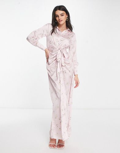 Robe chemise longue à fronces avec ceinture - Rose fleuri - Asos Design - Modalova