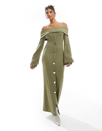 Robe côtelée mi-longue coupe Bardot avec gros boutons - Olive - Asos Design - Modalova