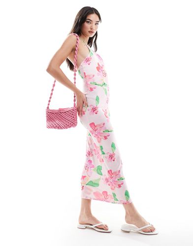 Robe mi-longue à encolure américaine et dos torsadé avec imprimé fleurs - Rose - Asos Design - Modalova