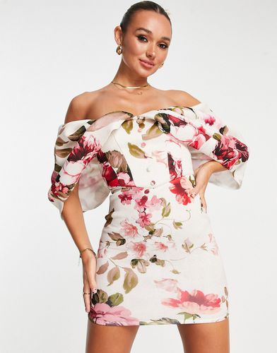 Robe courte avec corset et manches drapées - Rose fleuri - Asos Design - Modalova