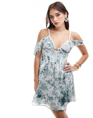 Robe courte en mousseline imprimé fleuri avec corset satiné - Bleu - Asos Design - Modalova