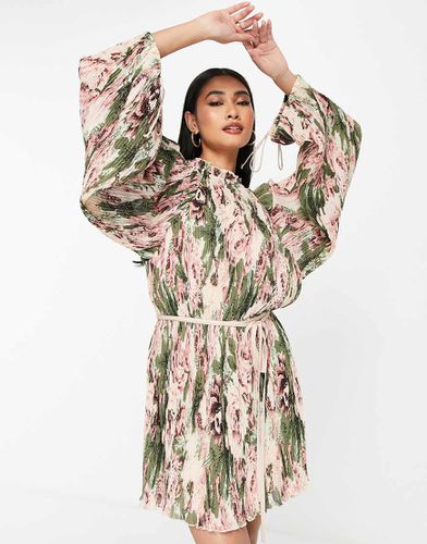 Robe courte plissée à imprimé fleurs romantique avec manches blousantes et liens à nouer - Asos Design - Modalova