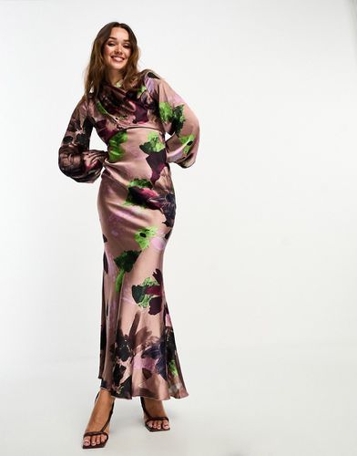 Robe longue coupe en biais à col montant cache-caur avec imprimé fleurs - Violet - Asos Design - Modalova