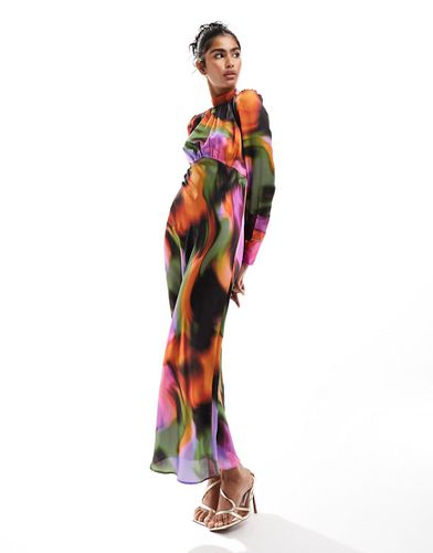 Robe longue col montant en satin avec imprimé coloré abstrait - Asos Design - Modalova