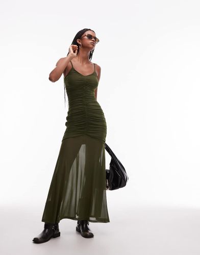 Robe longue  bretelles en tulle fronc - Kaki - Asos Design - Modalova