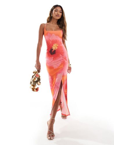 Robe longue à bretelles fines et imprimé fleuri oversize avec encolure carrée et liens au dos - Rose - Asos Design - Modalova