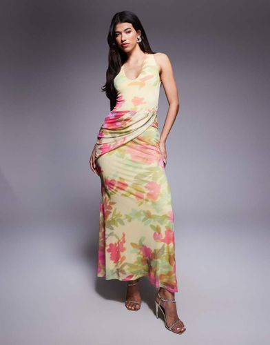 Robe longue  encolure plongeante en tulle avec ceinture enveloppante - Beurre  imprim fleurs - Asos Design - Modalova