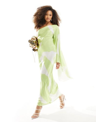 Robe longue asymétrique en satin à manche unique évasée et détail au dos - Vert abstrait - Asos Design - Modalova