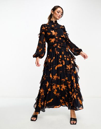 Robe longue boutonnée à fleurs avec corsage froncé et volants - Orange foncé - Asos Design - Modalova