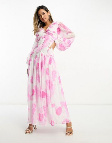 Robe longue boutonnée à nervures avec empiècements en dentelle à grandes fleurs - Rose - Asos Design - Modalova