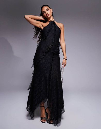 Robe longue dos nu en dentelle avec coutures à volants - Noir - Asos Design - Modalova