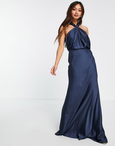 Robe longue de demoiselle d'honneur en satin avec encolure américaine froncée - Bleu pétrole - Asos Design - Modalova