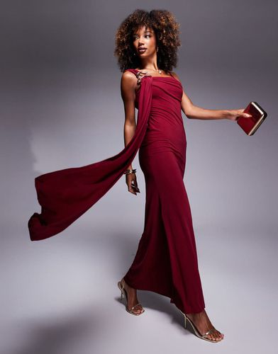 Robe longue en mousseline stretch à col bénitier avec finition oversize et foulard - Bordeaux - Asos Design - Modalova