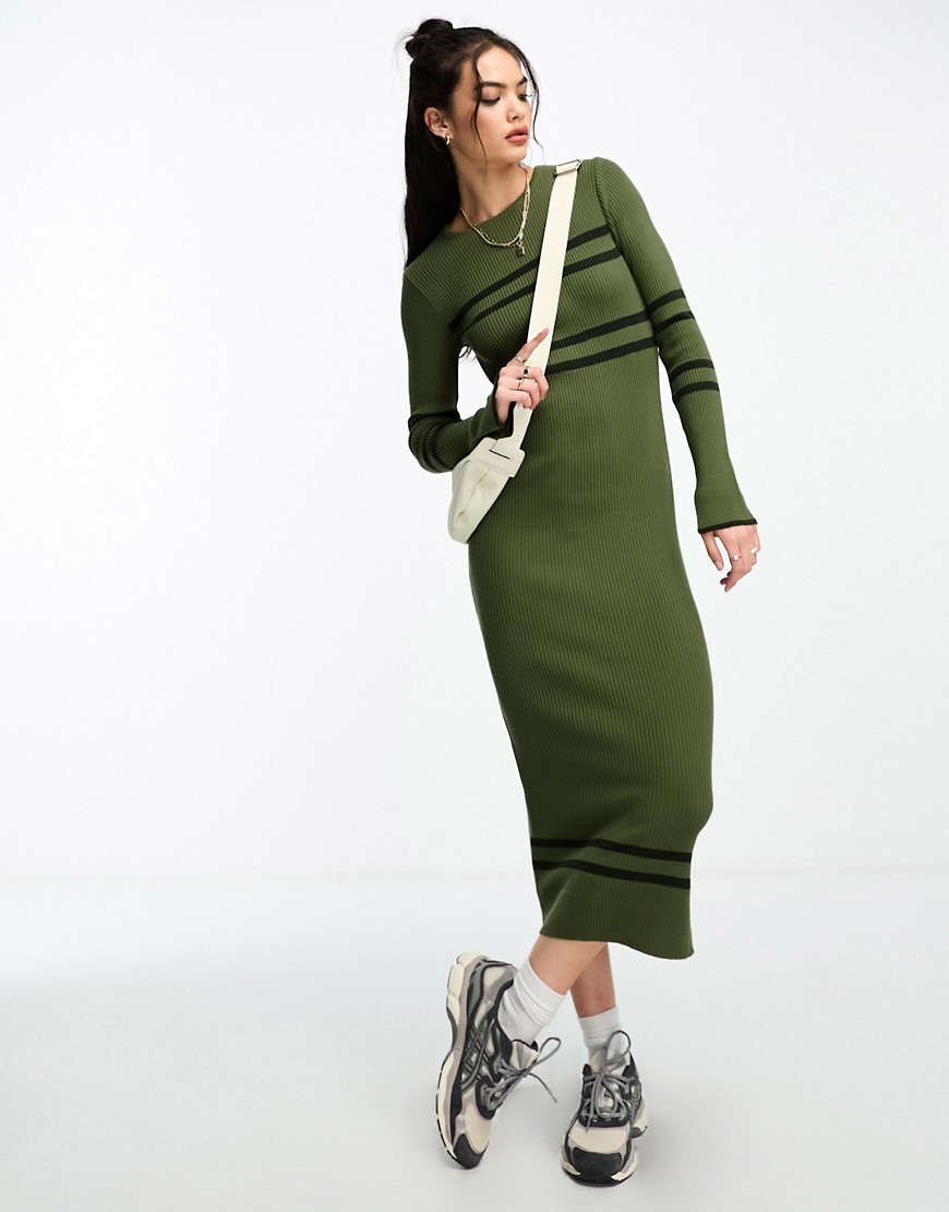 Robe longue en maille avec rayures sportives - Kaki - Asos Design - Modalova