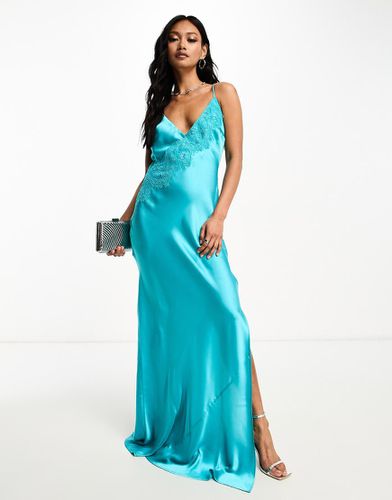 Robe longue en satin à fines bretelles, dos bénitier et insert dentelle - Turquoise - Asos Design - Modalova