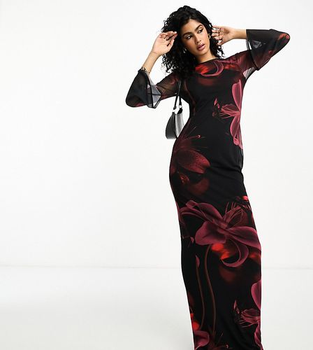 Robe longue en tulle à fleurs avec dos échancré et manches ange - Rouge - Asos Design - Modalova