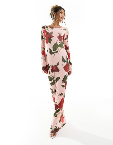Robe longue en tulle à imprimé roses avec dos échancré et manches ange - Asos Design - Modalova