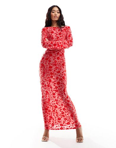Robe longue en tulle dévoré transparent à dos échancré et manches ange - Rouge - Asos Design - Modalova