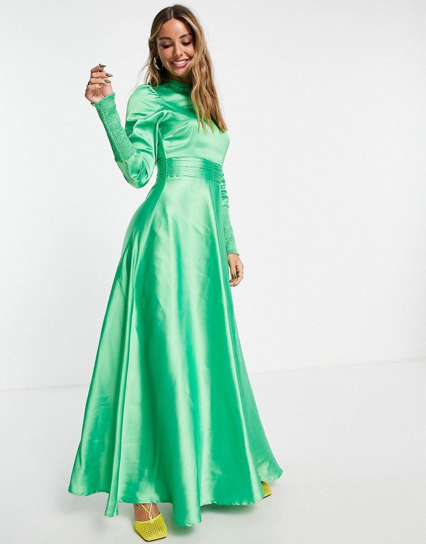 Robe longue effet satin à manches longues avec taille et poignets froncés - émeraude - Asos Design - Modalova