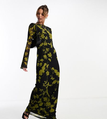 Robe longue imprimée en tulle fleuri avec dos échancré et manches ange - Vert et noir - Asos Design - Modalova