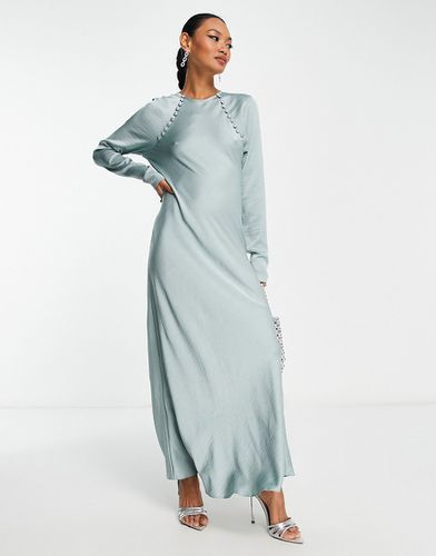 Robe longue satinée coupée en biais avec détail boutonné - argenté - Asos Design - Modalova