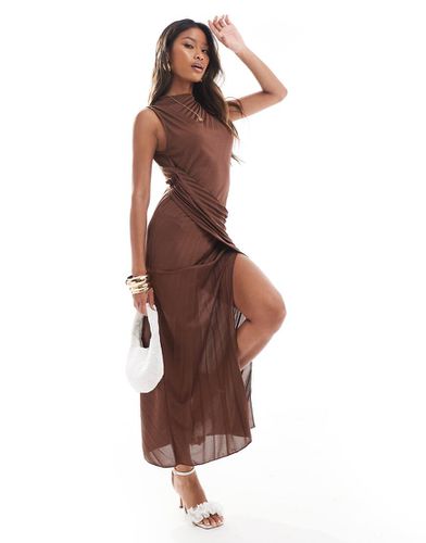 Robe longue plissée à col montant et jupe portefeuille drapée - Chocolat - Asos Design - Modalova