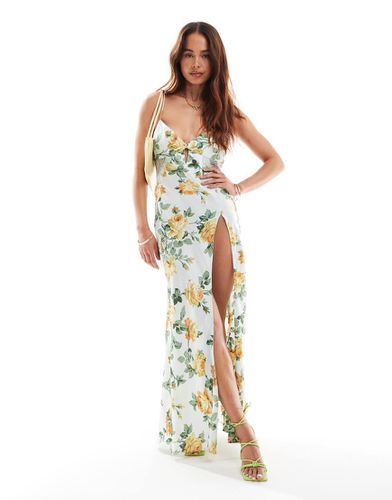 Robe longueur mollet satinée à fleurs avec fente goutte d'eau et empiècement en dentelle - Menthe - Asos Design - Modalova