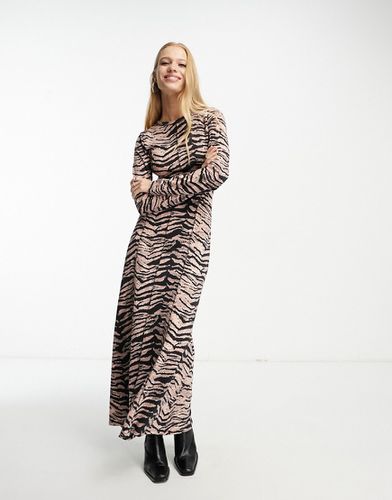 Robe mi-longue côtelée à manches longues avec surpiqûres contrastantes et imprimé animal - Asos Design - Modalova