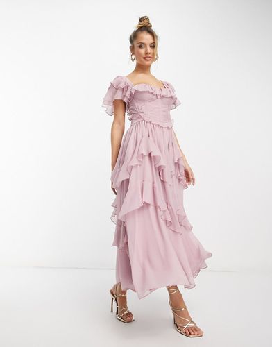 Robe mi-longue à volants avec corsage froncé et manches évasées - Mauve - Asos Design - Modalova