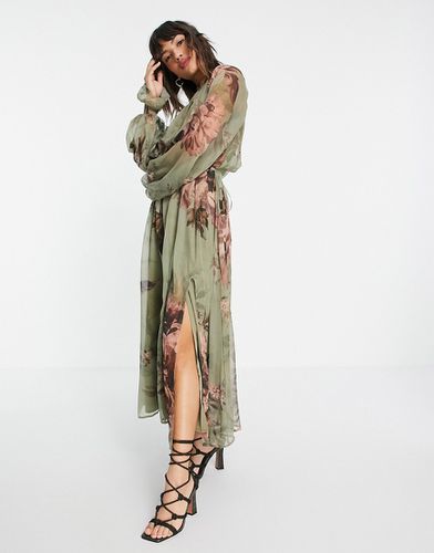 Robe mi-longue à détail froncé avec col montant et imprimé fleuri oversize - Asos Design - Modalova