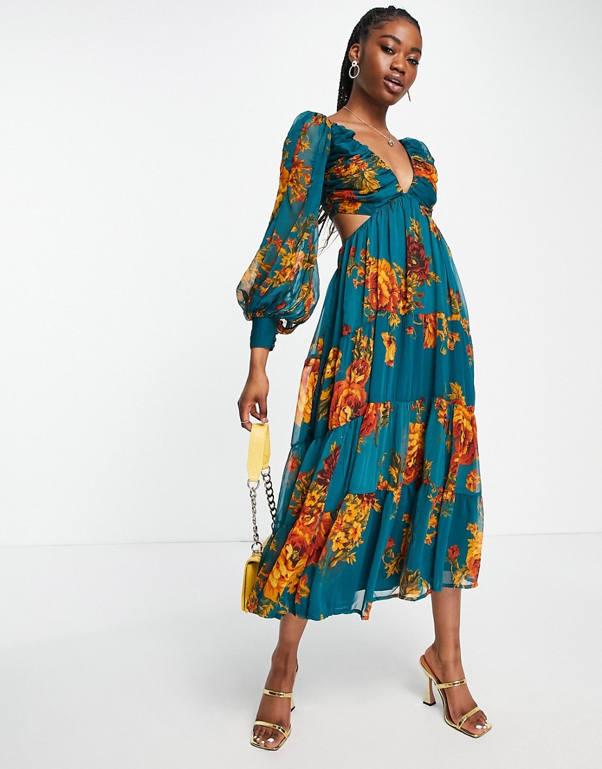 Robe mi-longue à imprimé fleuri et corsage plissé avec jupe étagée et laçage au dos - Asos Design - Modalova