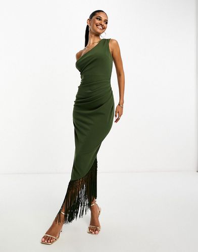Robe mi-longue asymétrique drapée à ourlet frangé - Vert foncé - Asos Design - Modalova