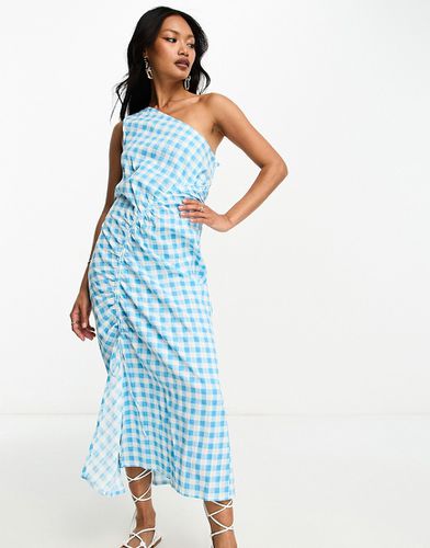 Robe mi-longue asymétrique en crépon à détail froncé - Vichy bleu - Asos Design - Modalova
