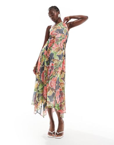 Robe mi-longue asymétrique froncée sur le côté à empiècement latéral - Imprimé fleurs - Asos Design - Modalova