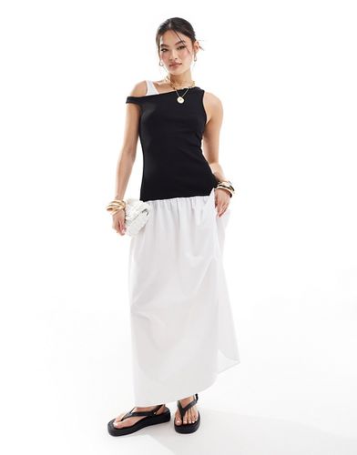 Robe mi-longue avec jupe en popeline et épaules tombantes - Noir et blanc - Asos Design - Modalova