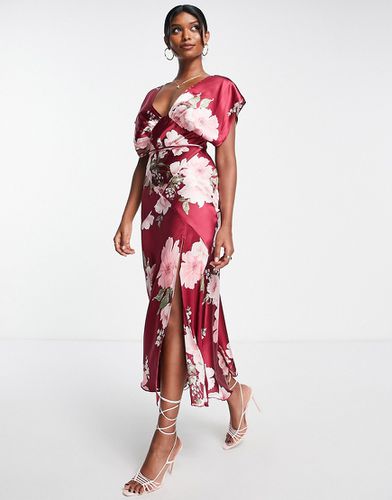 Robe mi-longue fendue en satin à manches chauve-souris - Imprimé roses vintage - Asos Design - Modalova