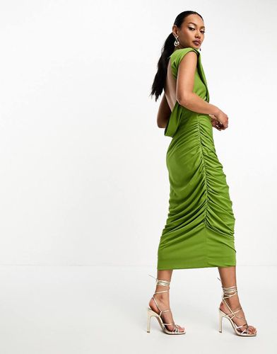 Robe mi-longue froncée et enveloppante à encolure montante - olive - Asos Design - Modalova