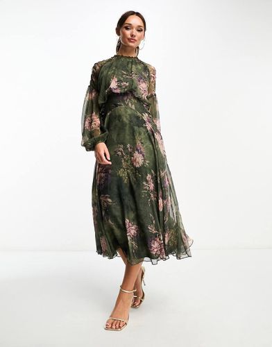 Robe patineuse mi-longue à manches longues et imprimé fleuri avec empiècement en dentelle et manches longues - Vert - Asos Design - Modalova