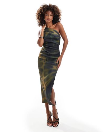 Robe plissée mi-longue et asymétrique en néoprène imprimé abstrait - Vert - Asos Design - Modalova