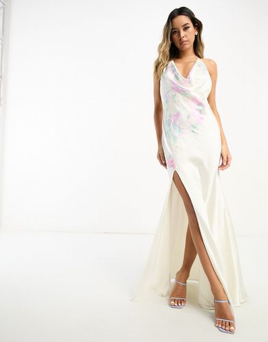 Robe satinée longue à imprimé fleuri avec dos ouvert et col bénitier - Blanc - Asos Design - Modalova