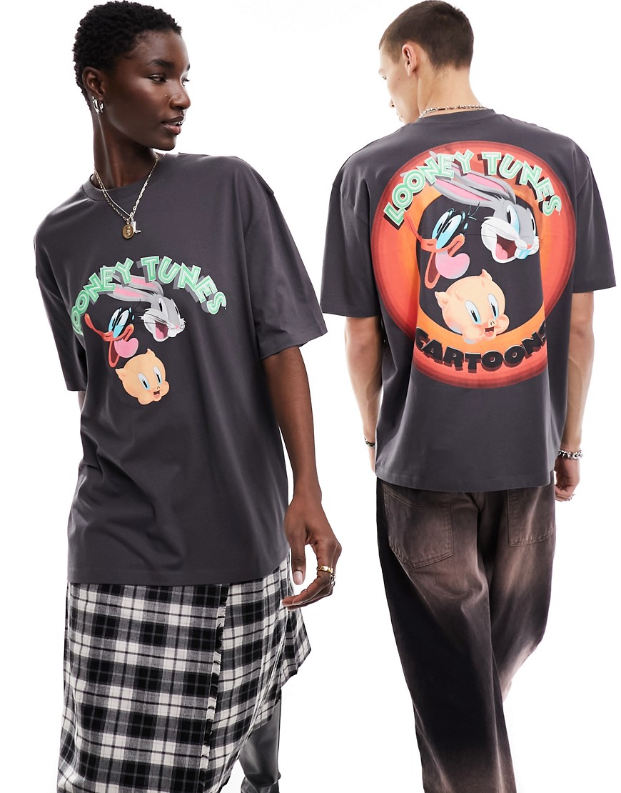 T-shirt unisexe oversize avec imprimé Looney Tunes sous licence au dos - Anthracite - Asos Design - Modalova