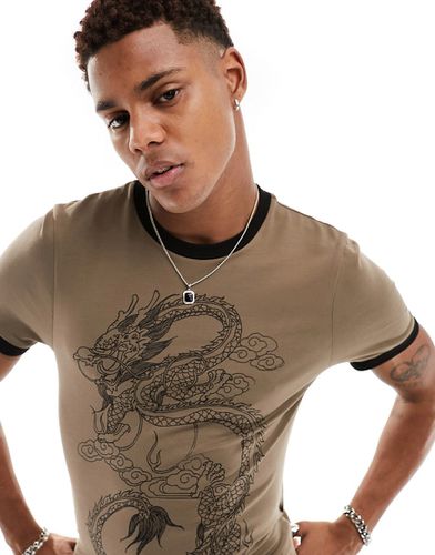 T-shirt moulant à imprimé dragon devant et manches raglan - Marron - Asos Design - Modalova