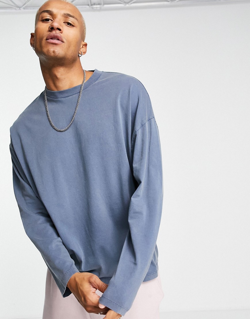 T-shirt oversize à manches longues en coton mélangé - Bleu délavé - NAVY - Asos Design - Modalova