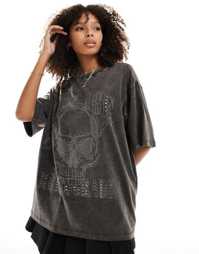 T-shirt oversize avec imprimé crâne rock à strass thermocollés - Anthracite délavé - Asos Design - Modalova