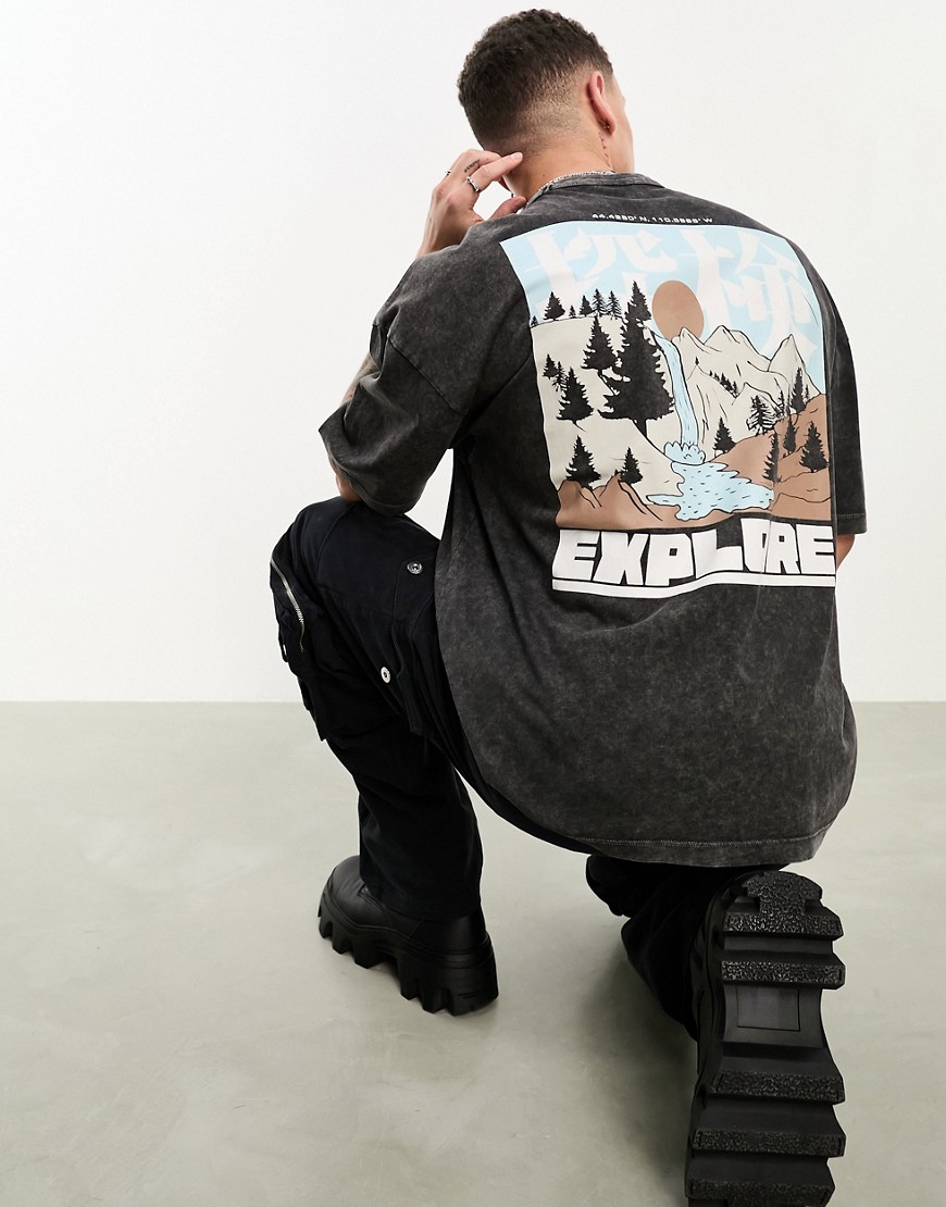 T-shirt oversize en tissu épais avec imprimé nature dans le dos et inscription sur le devant - délavé - Asos Design - Modalova