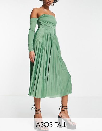 ASOS DESIGN Tall - Robe mi-longue plissée style corset à épaules dénudées - Vert sauge - Asos Tall - Modalova