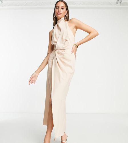 Tall - Robe mi-longue plissée sur le devant à col montant en lin - Taupe - Asos Design - Modalova