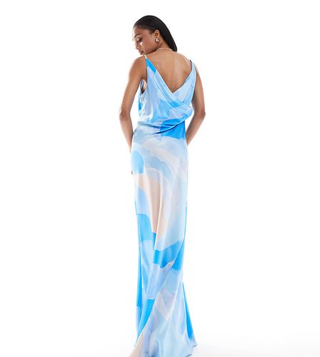 ASOS DESIGN Tall - Robe longue en satin à encolure carrée et dos bénitier avec imprimé abstrait - Bleu - Asos Tall - Modalova